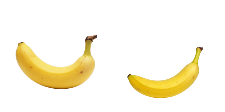 Two ripe yellow bananas against a solid transparent background showcasing their smooth curves and natural blemishes for a striking and vibrant visual appeal.