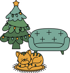 PrintCozy Christmas Scene with Sleeping Cat, Tree, and Sofa – Cute Holiday Illustration