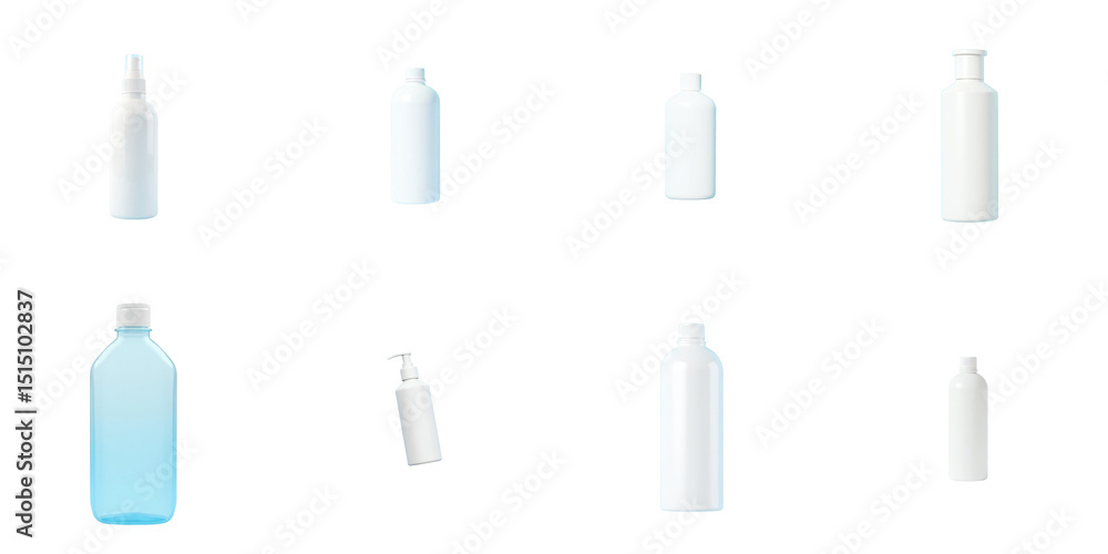 Poster variety of white and blue plastic bottles on transparent background featuring different shapes and s