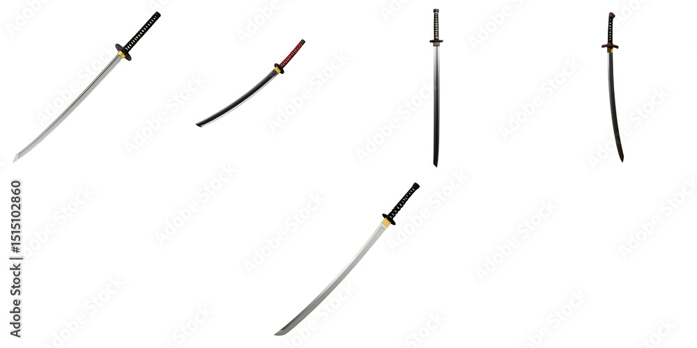 Poster collection of various japanese swords displayed on a transparent background featuring distinct blade