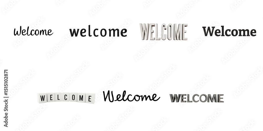 Poster collection of various welcome texts in different fonts and styles featuring bold and subtle designs 
