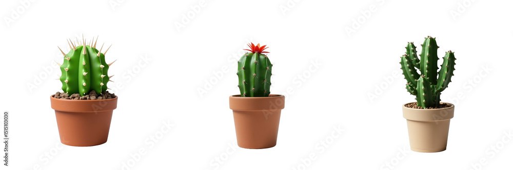 Poster collection of distinct cacti in pots featuring a spiny green cactus, a flowering cactus with red blo