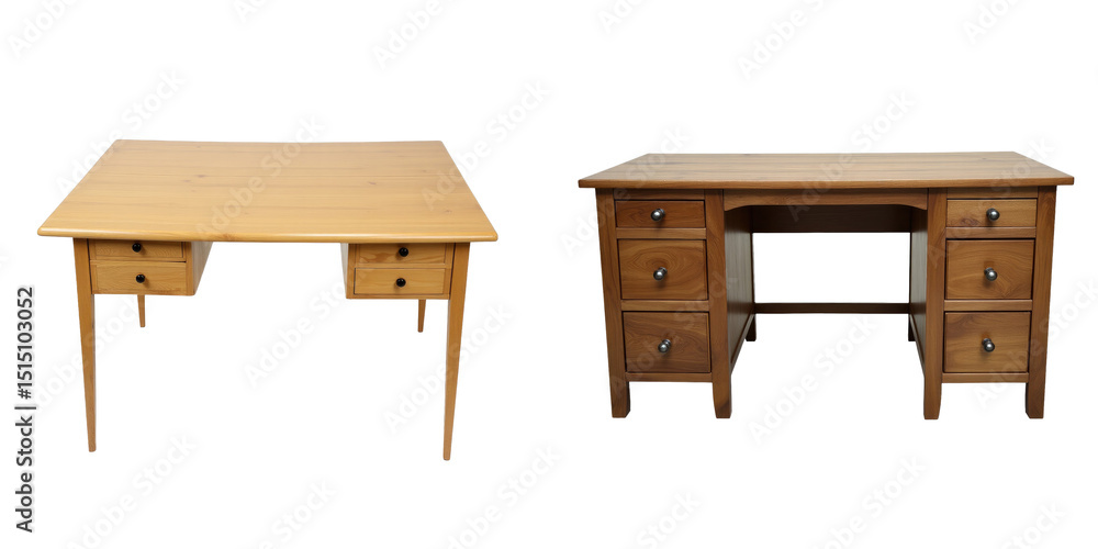 Poster collection of two wooden desks featuring a square top desk with drawers and a traditional desk with 
