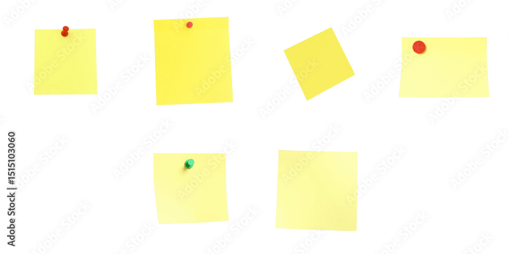 Poster collection of colorful yellow sticky notes with push pins on a transparent background displaying var