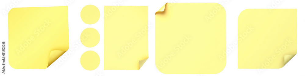 Poster collection of various yellow sticky notes in different shapes and sizes with curled corners on a tra