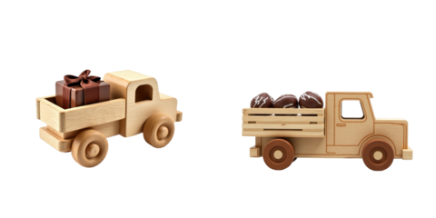 Wooden toy trucks featuring one with a gift box in the back and another loaded with chocolate treats against a transparent background, showcasing their charming design and craftsmanship.