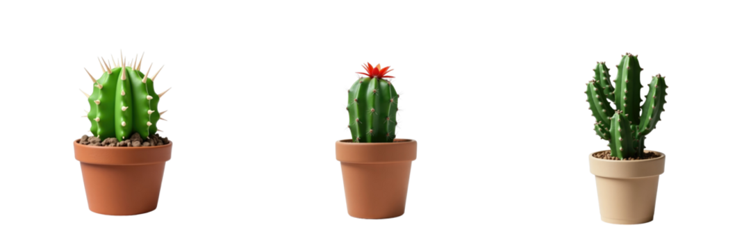 Collection of Distinct Cacti in Pots Featuring a Spiny Green Cactus, a Flowering Cactus with Red Bloom, and a Columnar Cactus on a transparent Background