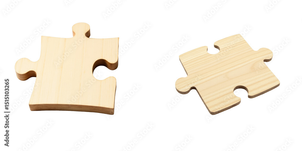 Poster two wooden puzzle pieces on a transparent background, one is curved with a single connector and the 