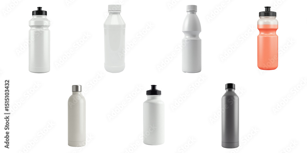 Poster Collection of Various Water Bottles Featuring White, transparent, and Colorful Designs on a transparent Background with Different Shapes and Caps for Versatile Use