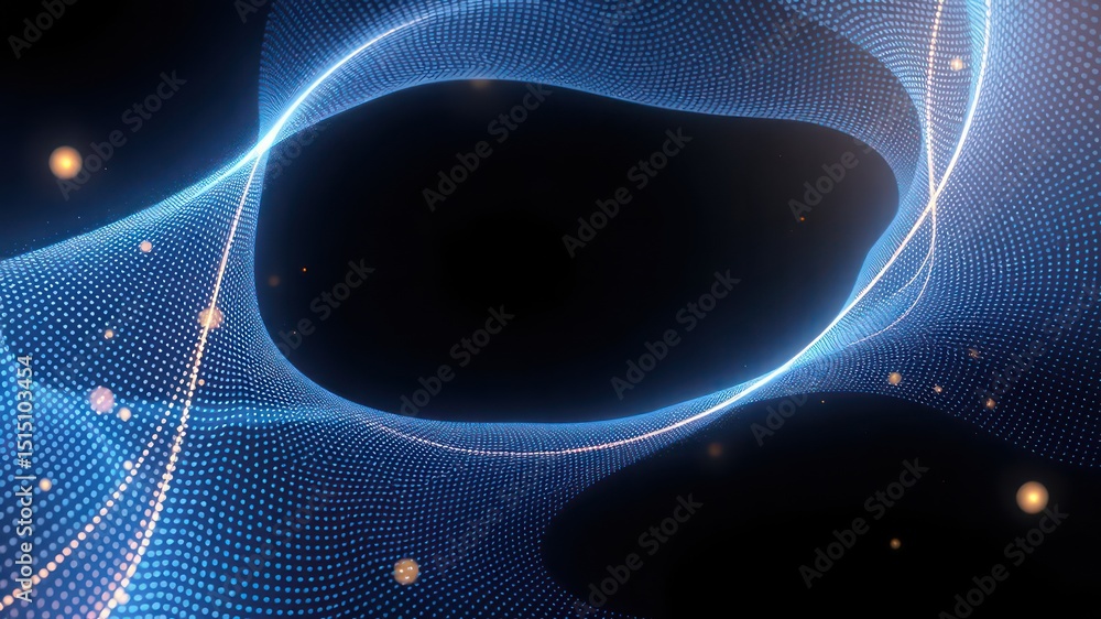 Poster abstract glowing blue grid tunnel with particles and dark background represents data and technology