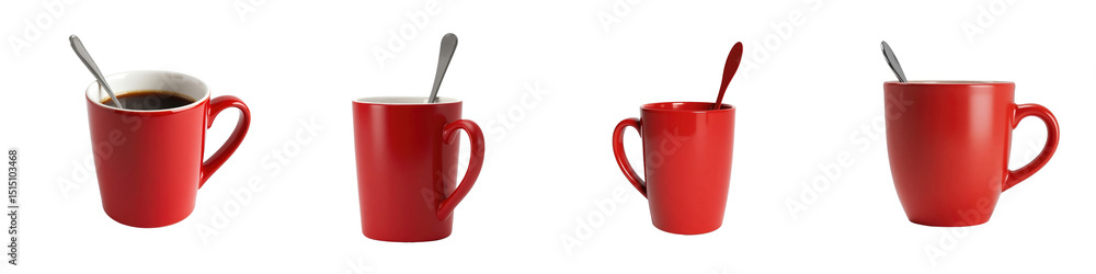 Poster Collection of red coffee mugs with different angles and a spoon in one, showcasing a glossy finish and smooth curves against a transparent background.