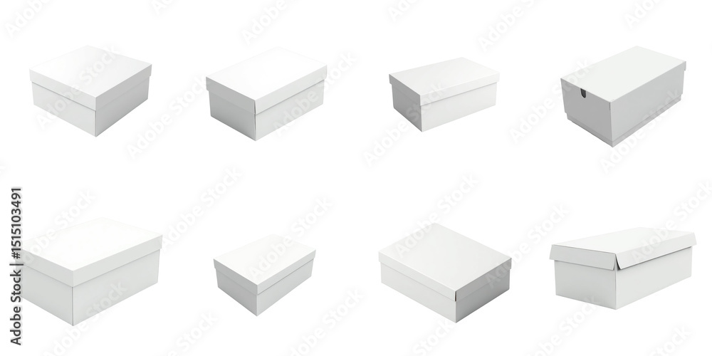 Poster collection of white box designs featuring various angles and sizes on a transparent background ideal