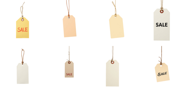 Collection of Hanging Price Tags in Various Colors with Sale Labels Displayed on transparent Background