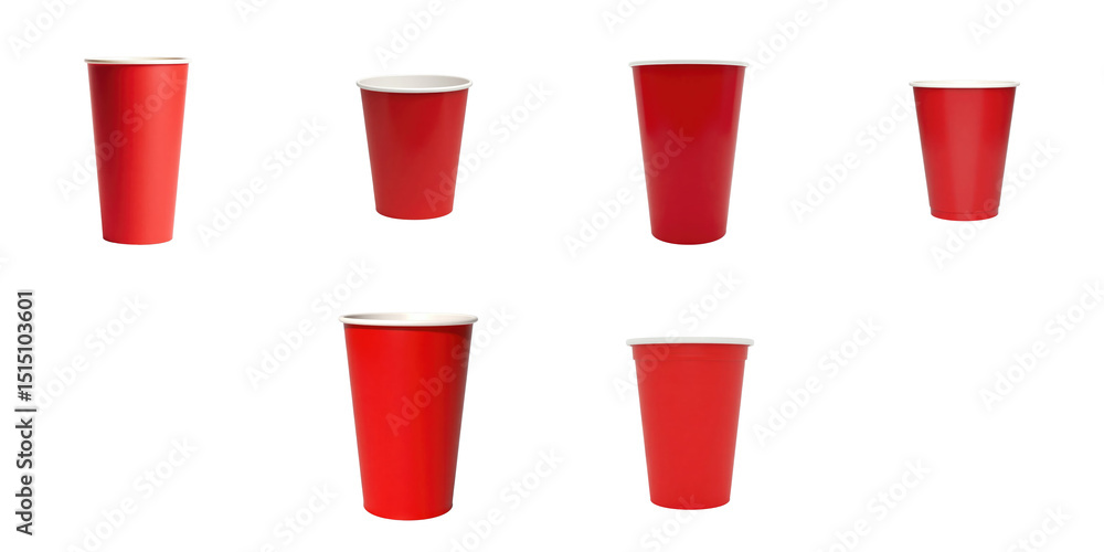 Poster Collection of Red Disposable Cups in Various Sizes Arranged on a transparent Background with a Clean and Modern Design Ideal for Party or Event Use