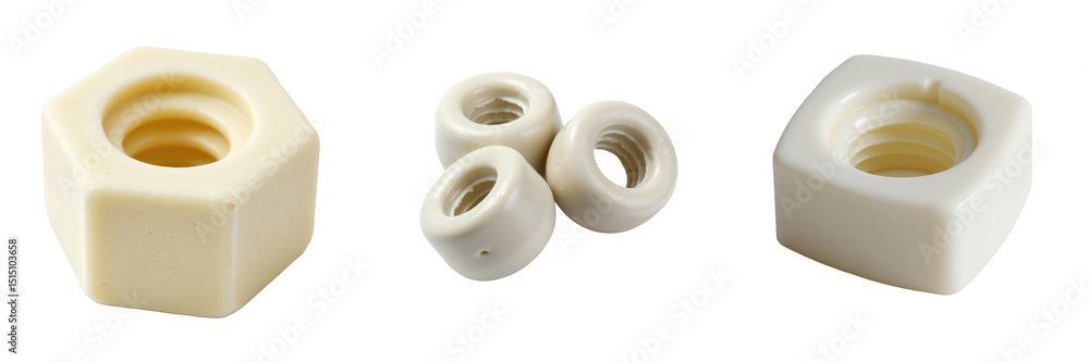 Poster collection of various pale plastic nuts including hexagonal and round designs displayed on a transpa