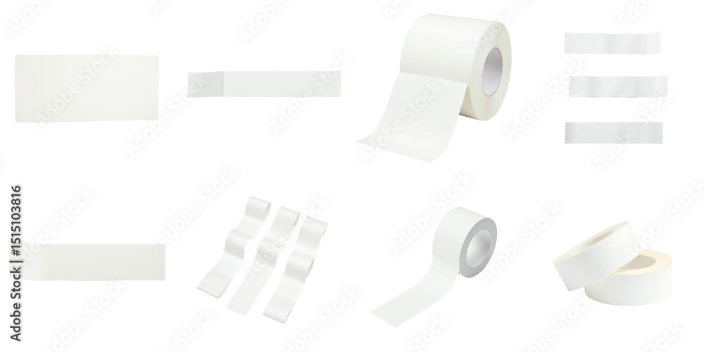 Poster collection of various white adhesive tapes on transparent background featuring different styles and 