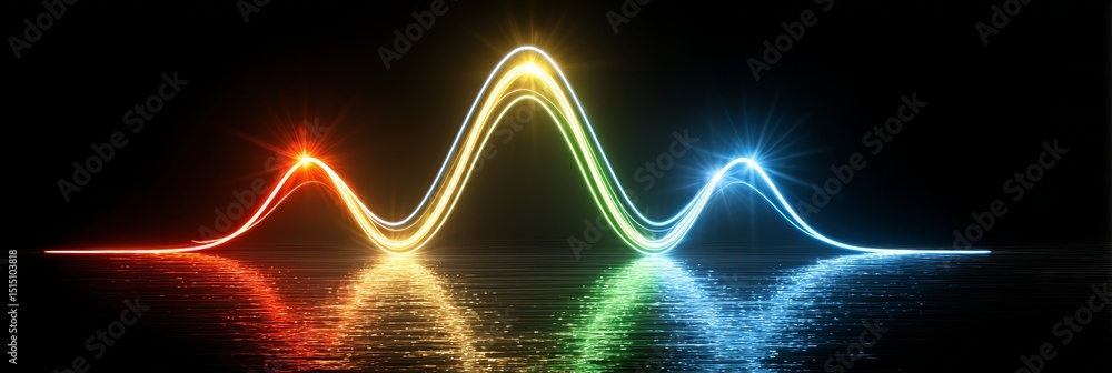 Poster abstract colorful light waves - vibrant, glowing light waves curve across a dark reflective surface,