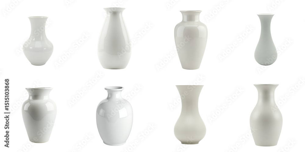 Poster collection of elegant white vases in various shapes displayed on transparent background, showcasing 