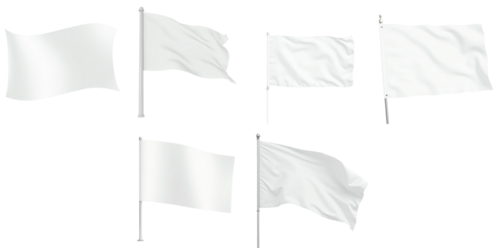 Collection of Various White Flags on Poles Displaying Different Shapes and Positions Against a transparent Background