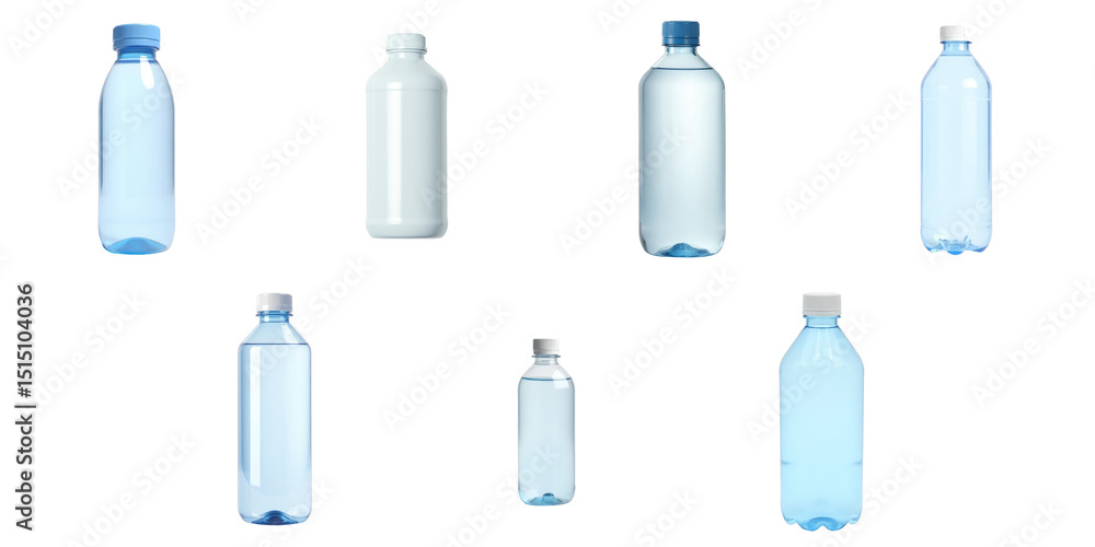 Poster collection of various transparent plastic water bottles displayed on a transparent background featur