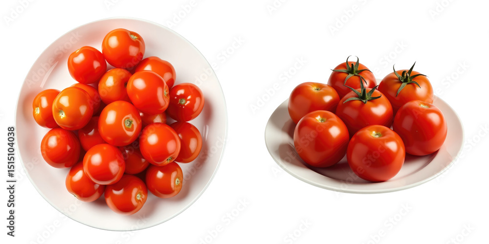 Poster vibrant red tomatoes displayed on white plates fresh and juicy tomatoes with green stems grouped tog