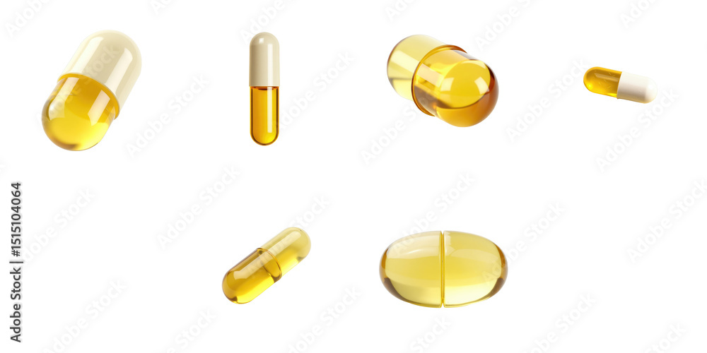 Poster assorted transparent capsules and pills in various shapes and sizes with yellow liquid contents on a