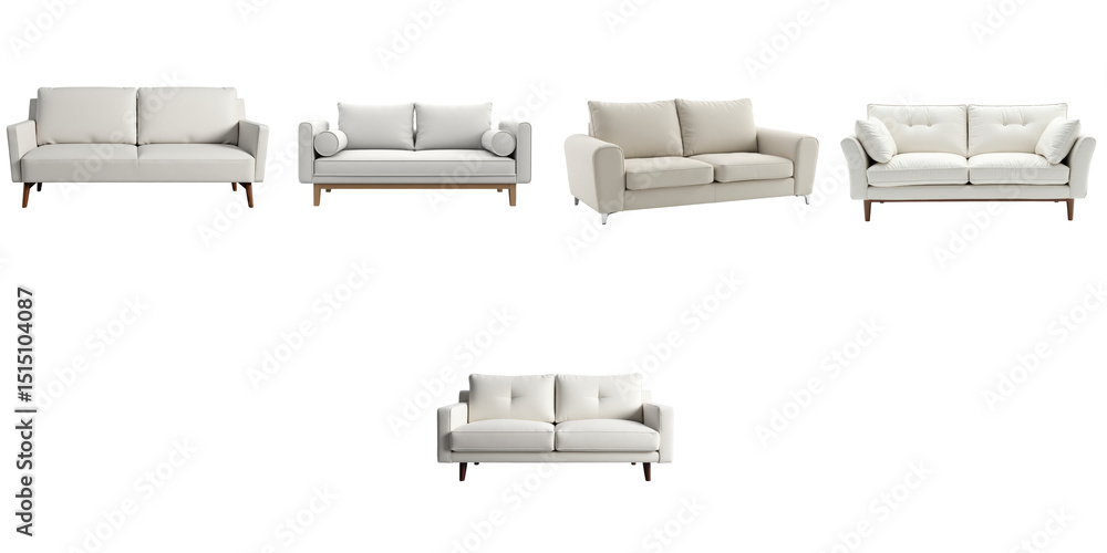 Poster collection of five modern white sofas showcasing varied designs and cushions set against a transpare