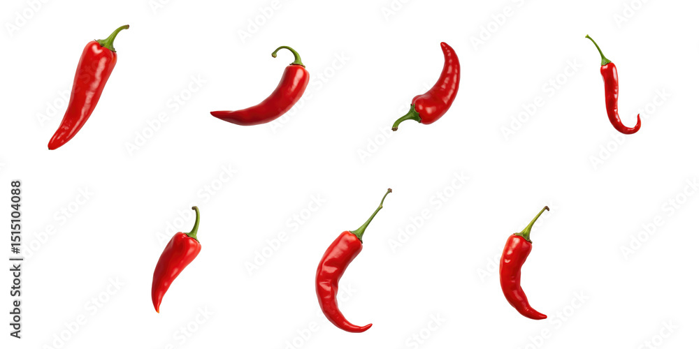 Poster collection of red chili peppers isolated on transparent background showing various shapes and angles