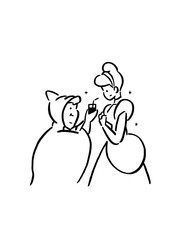 Minimalist line art of two fairytale princesses enjoying drinks together