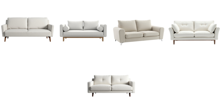 Collection of Five Modern White Sofas Showcasing Varied Designs and Cushions Set Against a transparent Background with Clear Transparency for Seamless Integration into Any Space - Powered by Adobe