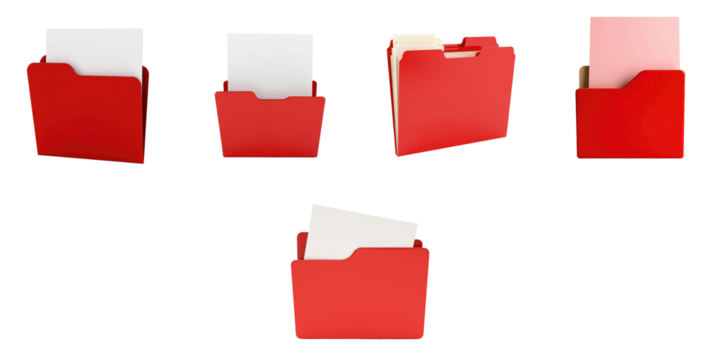 Collection of Red Document Folders with Various Contents Displayed on transparent Background Including Empty and Filled Styles for Office Use and Organization