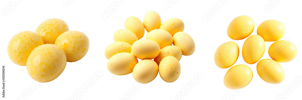 Poster yellow speckled eggs displayed in three unique piles on a transparent background showcasing differen