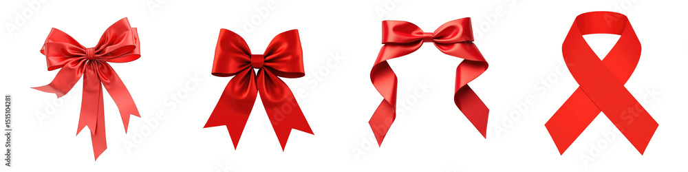 Poster collection of various red ribbons and bows on transparent background featuring different styles and 