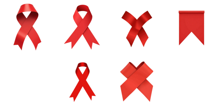 Collection of Red Ribbons in Various Shapes Including Awareness Symbols and a Rectangular Banner on a transparent Background Featuring Glossy Finish and Smooth Textures