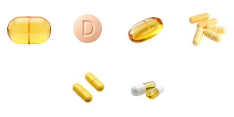 Collection of Various Dietary Supplements including Yellow Gel Caps, a Round Tablet, and Small Capsules on a transparent Background