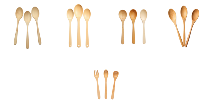 Collection of Wooden Cooking Utensils Featuring Various Spoon Styles and a Fork Against a transparent Background for Culinary and Design Use