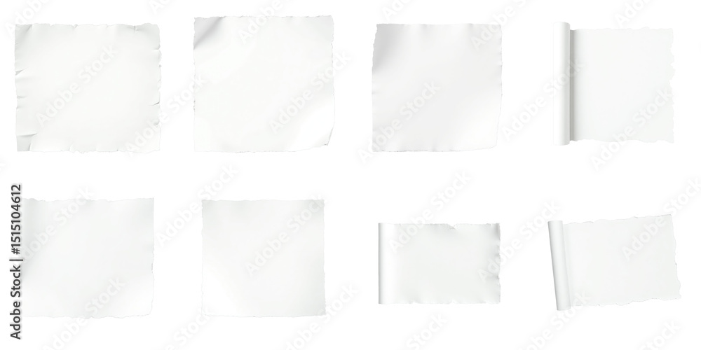 Poster collection of eight torn and rolled white paper textures on a transparent background ideal for overl