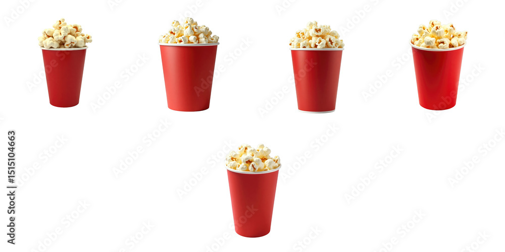 Poster assorted red cups filled with popcorn on a transparent background featuring various sizes and height