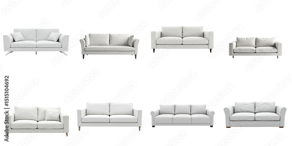 Poster collection of various modern white sofas displayed against a transparent background featuring differ