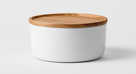 Round white ceramic container with wooden lid