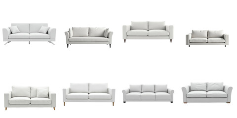 Collection of Various Modern White Sofas Displayed Against a transparent Background Featuring Different Styles and Designs Perfect for Home Interior Inspiration