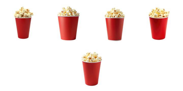 Assorted Red Cups Filled with Popcorn on a transparent Background Featuring Various Sizes and Heights in a transparent Format