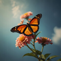 Fototapeta premium Monarch butterfly on pink zinnia flowers sunny sky