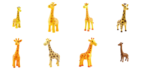 Colorful Collection of Cartoon Giraffes Featuring Various Poses and Patterns Set Against a transparent Background Ideal for Kids' Art Projects and Design Elements