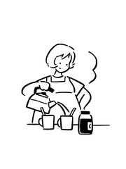 Barista girl carefully pouring coffee into cups in a cozy line art style