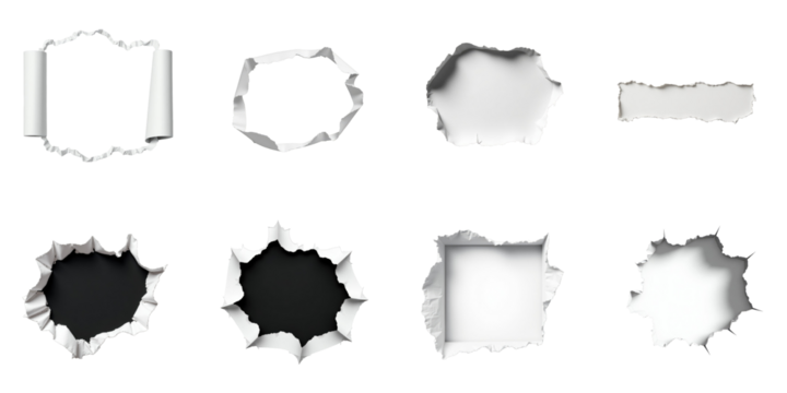 Collection of Torn Paper Edges Featuring Various Cutouts in Distinct Shapes Set Against a transparent Background Displaying Transparency and Texture Variations