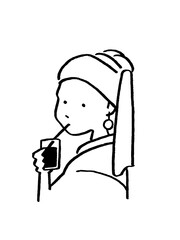 Girl with a Pearl Earring parody drinking from a cup, line art sketch