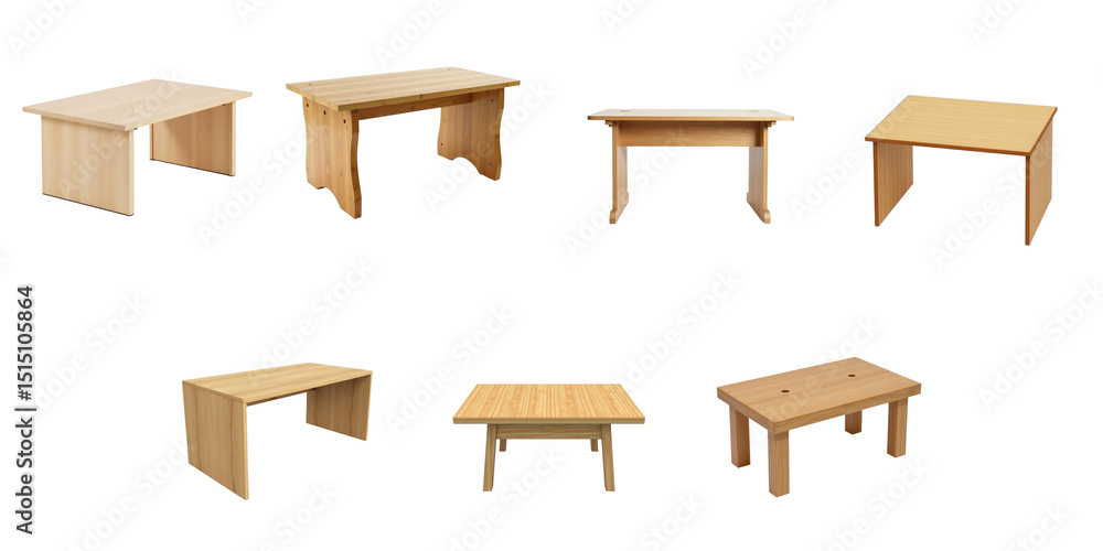 Poster collection of minimalist wooden tables featuring various designs and dimensions on a transparent bac