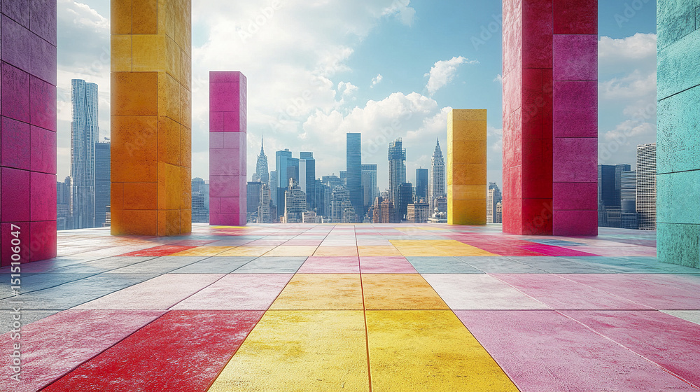 Poster bright and colorful geometric structures with city skyline backdrop create vibrant scene
