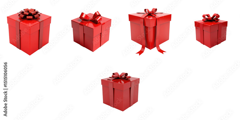 Poster collection of red gift boxes in various sizes displaying shiny ribbons and bows on a transparent bac